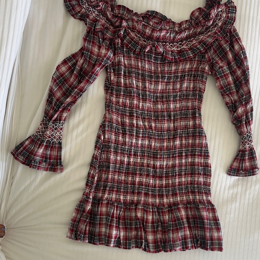 Plaid Off-Shoulder Smocked Mini Dress - Red Black White